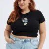 Black Crop Top Dragon Print Rib Short Sleeve