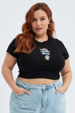 Black Crop Top Dragon Print Rib Short Sleeve -You And All Fashion Store cjc11371 84a black 3