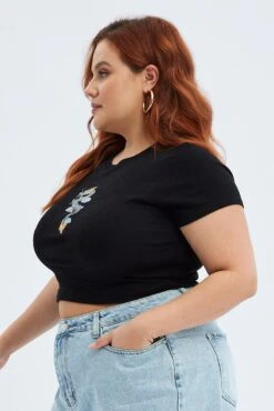 Black Crop Top Dragon Print Rib Short Sleeve -You And All Fashion Store cjc11371 84a black 4