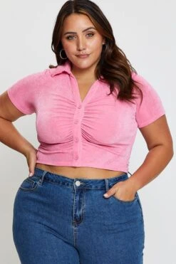 H Pink Ruched Shirt Short Sleeve Slinky Jersey