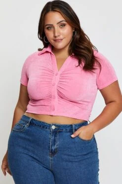 H Pink Ruched Shirt Short Sleeve Slinky Jersey -You And All Fashion Store cjc1164 42ab h pink 3 1