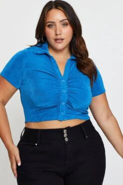 Black Ruched Shirt Short Sleeve Slinky Jersey -You And All Fashion Store cjc1164 42ab mid blue 1