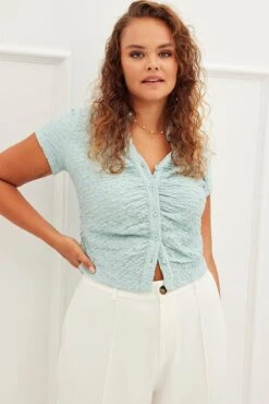 Blue Cropped Shirt Button Bubble Lace -You And All Fashion Store cjc1164b 42a blue 3