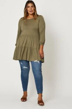 Green Tiered Top Round Neck Three-quarter Sleeve 8 Green Tiered Top Round Neck Three-quarter Sleeve -You And All Fashion Store cjc11861 80 khaki 2 1