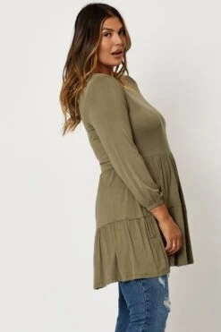 Green Tiered Top Round Neck Three-quarter Sleeve 10 Green Tiered Top Round Neck Three-quarter Sleeve -You And All Fashion Store cjc11861 80 khaki 3 1