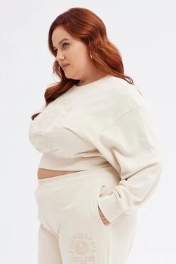 Beige Cropped Sweatshirt Philadelphia Embroidered Fleece -You And All Fashion Store cjc1337px 84a beige 4