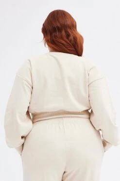 Beige Cropped Sweatshirt Philadelphia Embroidered Fleece -You And All Fashion Store cjc1337px 84a beige 5