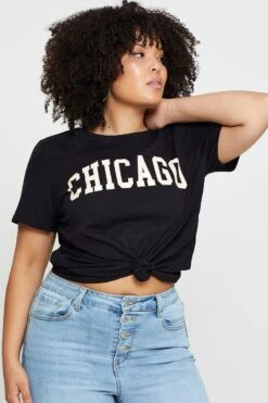 Black Graphic T-shirt Chicago Crew Neck Short Sleeve