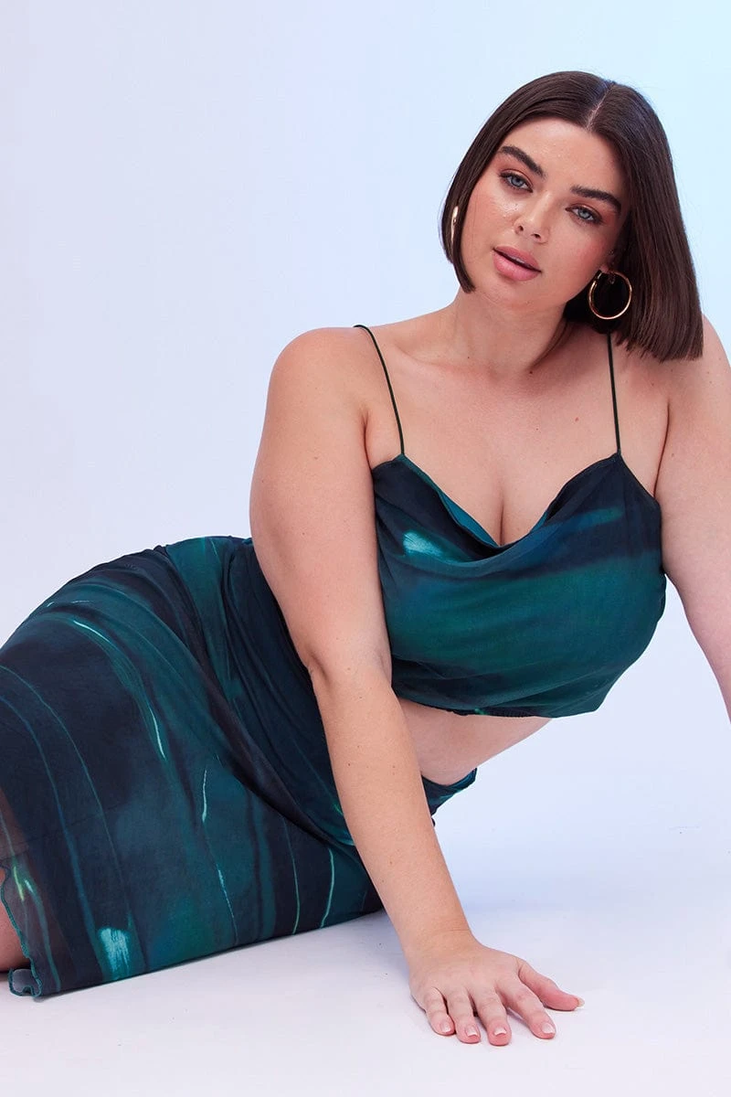 Green Abstract Crop Top Ruched Side Mesh