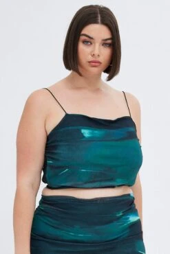 Green Abstract Crop Top Ruched Side Mesh -You And All Fashion Store cjc1423bx 84ab abstract 4