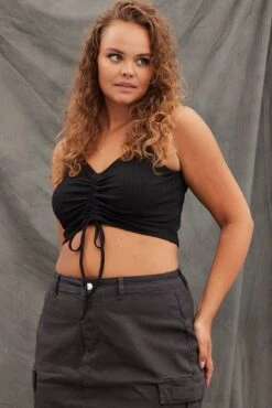 Black Crop Top Sleeveless Rib Jersey Drawstring -You And All Fashion Store cjc1521n 42ab black 3