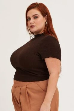 Brown Crew Neck Short Sleeve Textured T-shirt -You And All Fashion Store cjc1542 81jb chocolate 4