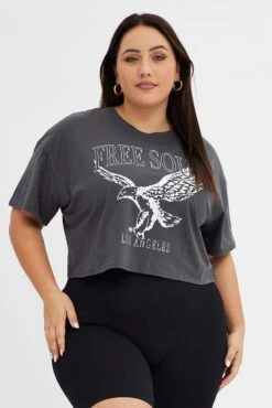Grey Graphic T-shirt Super Crop Free Soul Eagle