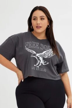 Grey Graphic T-shirt Super Crop Free Soul Eagle -You And All Fashion Store cjc1605j 84a charcoal 3