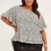 Polka Dot Crew Neck Short Sleeve Ruffle Detail Top