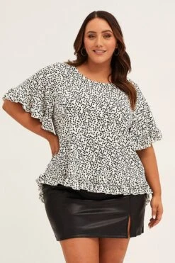 Polka Dot Crew Neck Short Sleeve Ruffle Detail Top