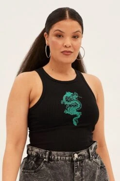 Black Sleeveless Rib Tank Top With Dragon Embroidery -You And All Fashion Store cjc1704 84a black 3
