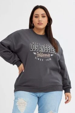Grey Graphic Sweater Los Angeles Long Sleeve Relaxed