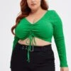 Green Ruched Top Long Sleeve V-neck