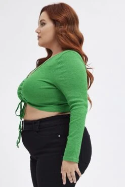 Green Ruched Top Long Sleeve V-neck -You And All Fashion Store cjc1728 81jb green 4