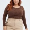 Brown Top Long Sleeve Scoop Neck