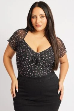 Black Floral Floral Mesh Top Short Sleeve V Neck -You And All Fashion Store cjc1840c 84j floral 3