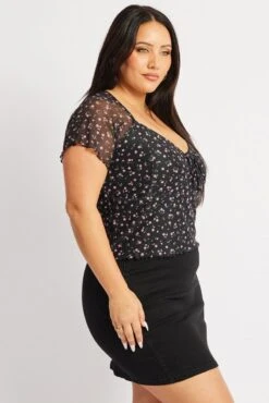 Black Floral Floral Mesh Top Short Sleeve V Neck -You And All Fashion Store cjc1840c 84j floral 4