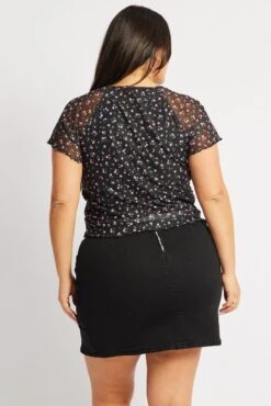 Black Floral Floral Mesh Top Short Sleeve V Neck -You And All Fashion Store cjc1840c 84j floral 5