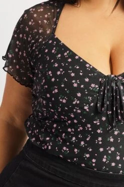 Black Floral Floral Mesh Top Short Sleeve V Neck -You And All Fashion Store cjc1840c 84j floral 6
