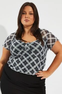 Grey Check Check Mesh Top Short Sleeve V-neck -You And All Fashion Store cjc1840cx 84jb check 3