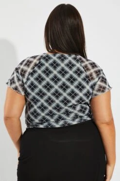 Grey Check Check Mesh Top Short Sleeve V-neck -You And All Fashion Store cjc1840cx 84jb check 5