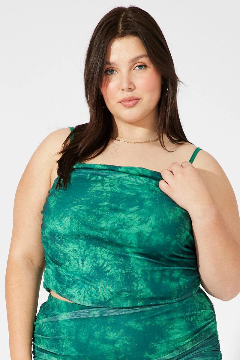 Green Abstract Singlet Mesh Top Side Ruched 2 Green Abstract Singlet Mesh Top Side Ruched - Image 2