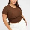 Brown Ruched Top Short Sleeve Crew Neck