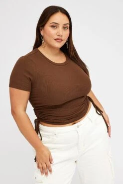 Brown Ruched Top Short Sleeve Crew Neck