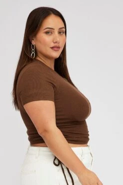 Brown Ruched Top Short Sleeve Crew Neck -You And All Fashion Store cjc1857 81j chocolate 4