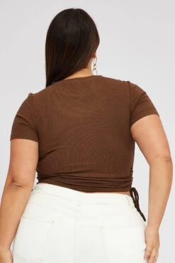 Brown Ruched Top Short Sleeve Crew Neck -You And All Fashion Store cjc1857 81j chocolate 5