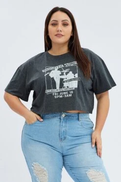 Grey Graphic T-shirt Brooklyn Band Super Crop Jersey -You And All Fashion Store cjc1858a 84ab charcoal 3