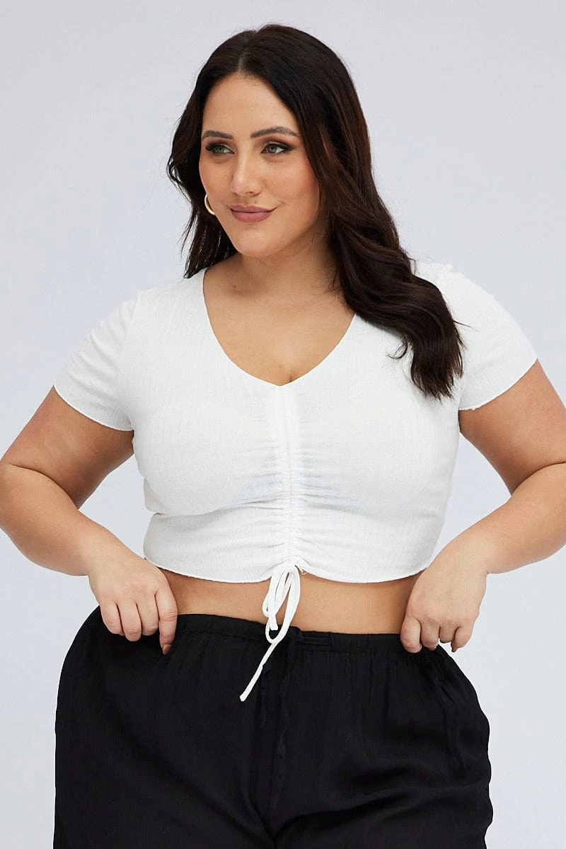 White Ruched Top Short Sleeve V-neck 1 White Ruched Top Short Sleeve V-neck
