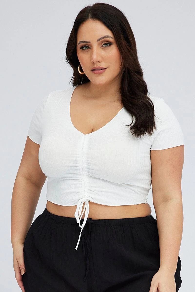 White Ruched Top Short Sleeve V-neck 3 White Ruched Top Short Sleeve V-neck - Image 3