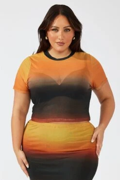 Brown Abstract Crop T-shirt Mesh Short Sleeve