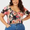 Black Floral Ruched Top Short Sleeve Sweetheart Neck Mesh