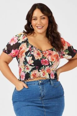 Black Floral Ruched Top Short Sleeve Sweetheart Neck Mesh