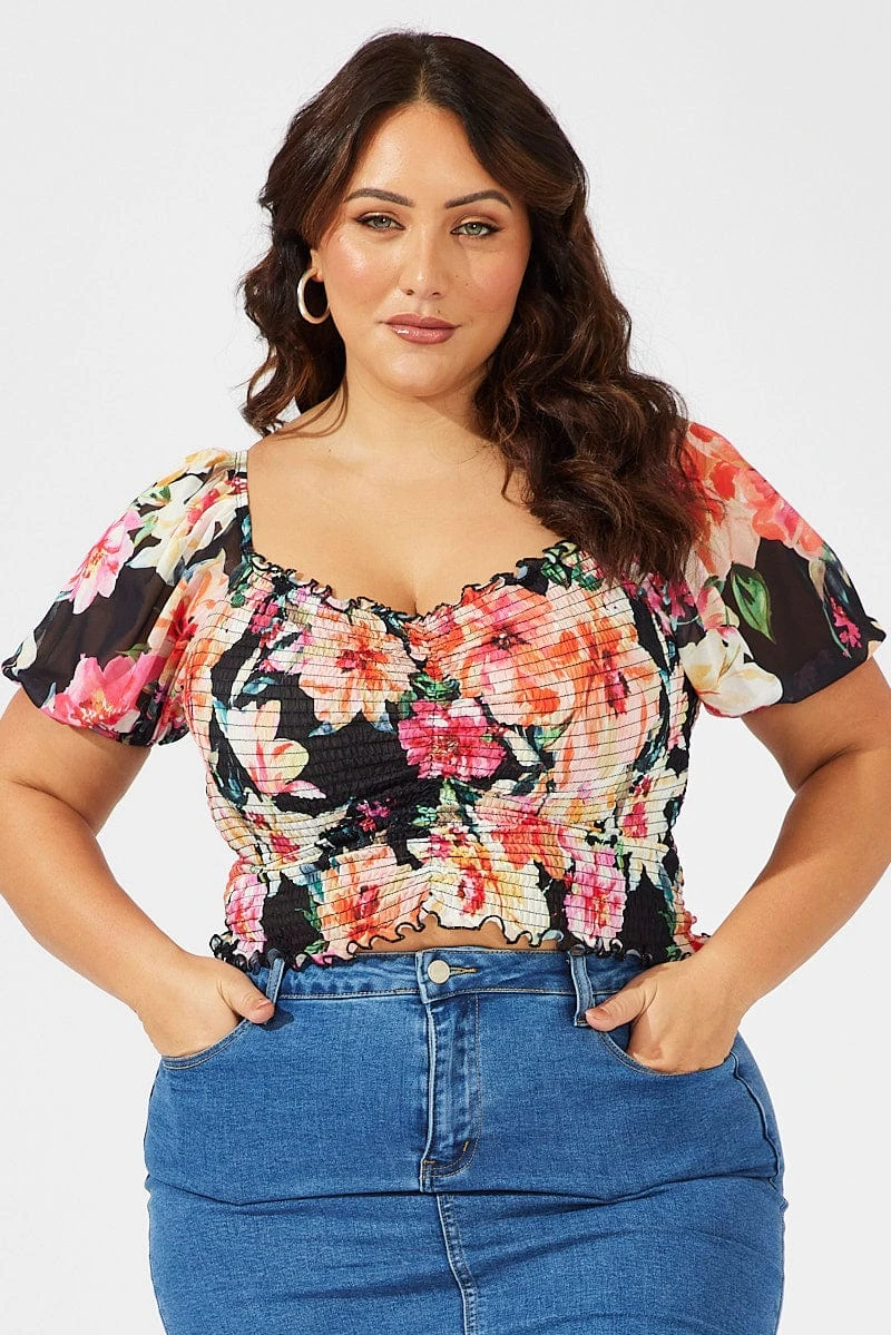 Black Floral Ruched Top Short Sleeve Sweetheart Neck Mesh 3 Black Floral Ruched Top Short Sleeve Sweetheart Neck Mesh - Image 3