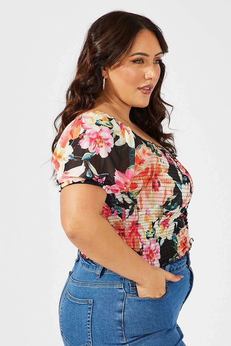 Black Floral Ruched Top Short Sleeve Sweetheart Neck Mesh 4 Black Floral Ruched Top Short Sleeve Sweetheart Neck Mesh - Image 4