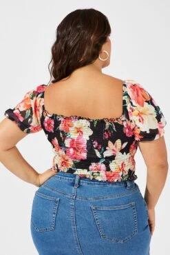 Black Floral Ruched Top Short Sleeve Sweetheart Neck Mesh 10 Black Floral Ruched Top Short Sleeve Sweetheart Neck Mesh -You And All Fashion Store cjc1931a 84jb floral 5