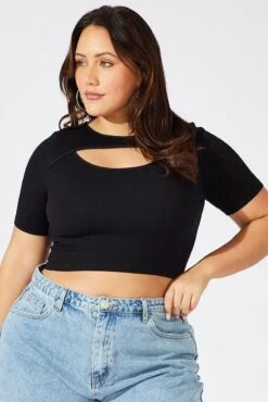 Black Cut Out Top Short Sleeve Crew Neck Seamless -You And All Fashion Store cjc1950 84j black 3