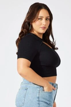 Black Cut Out Top Short Sleeve Crew Neck Seamless -You And All Fashion Store cjc1950 84j black 4