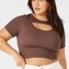Brown Cut Out Top Short Sleeve Crew Neck Seamless