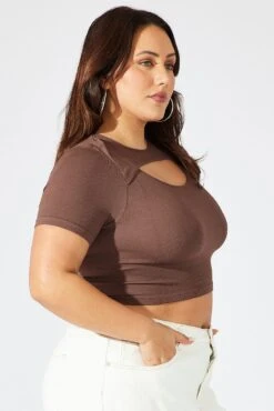 Brown Cut Out Top Short Sleeve Crew Neck Seamless -You And All Fashion Store cjc1950 84j brown 4