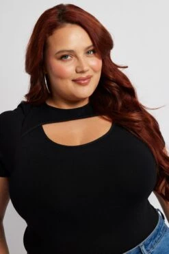 Black Bodysuit Cut Out Short Sleeve Crew Neck Seamless -You And All Fashion Store cjc1951 84j black 3